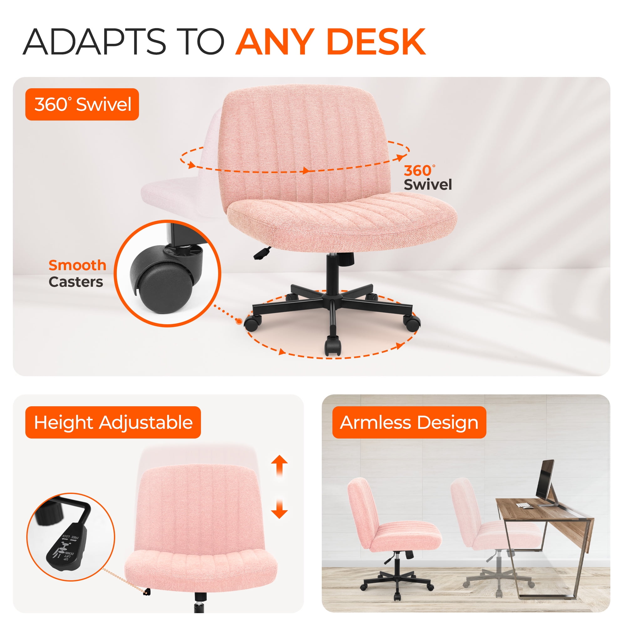 Orange Factory Criss Cross Chair Wheels Wide Cross Legged Office Desk Vanity Chair Comfy Fabric Armless Adjustable Swivel for Home Computer Task (Pink Wheel, Fabric)