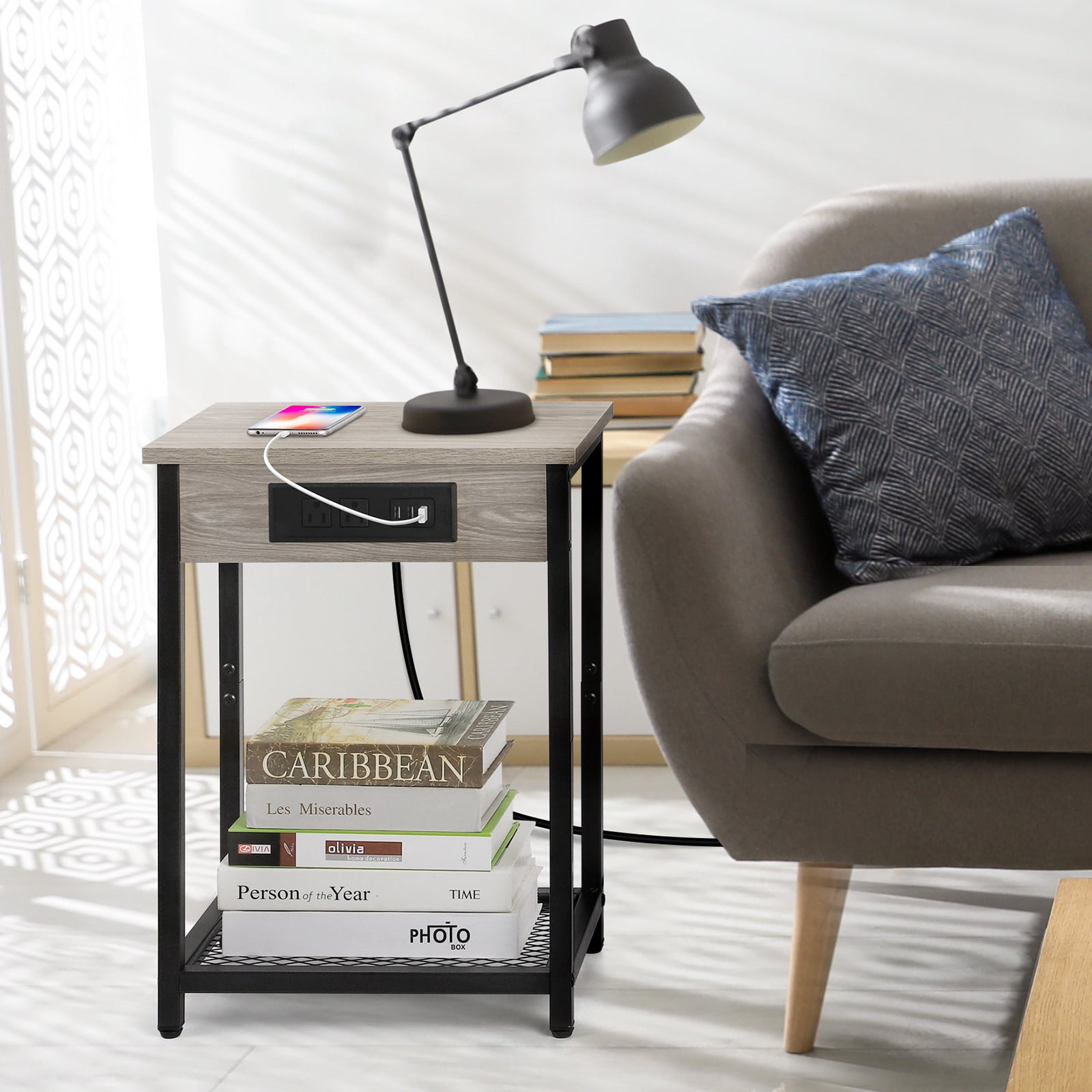 Oumilen Adult Nightstand End Table with Charging Station Gray, Set of 2