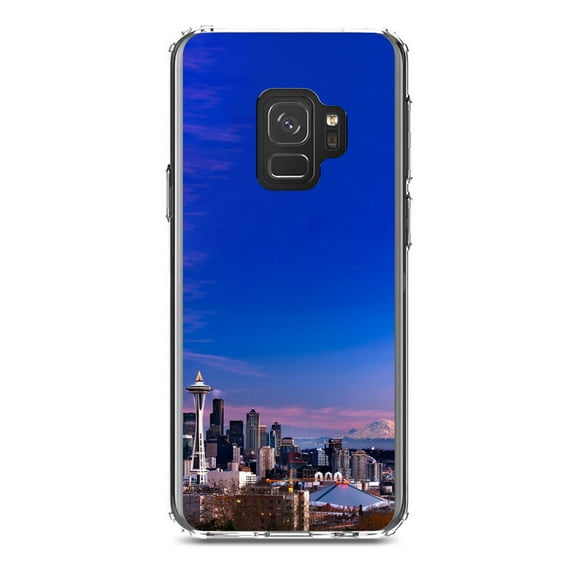 DistinctInk Clear Shockproof Hybrid Case for Samsung Galaxy S9 (5.8" Screen) - TPU Bumper, Acrylic Back, Tempered Glass Screen Protector - Seattle Skyline Night - Seattle