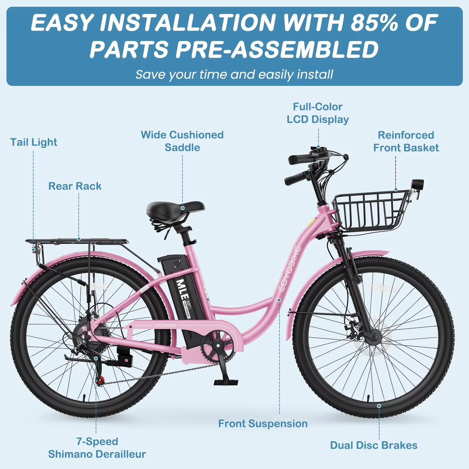 Lilypelle Electric Bike for Unisex Adults,24/26" 7-Speed Step Thru Electric Bicycle ,36V,20MPH