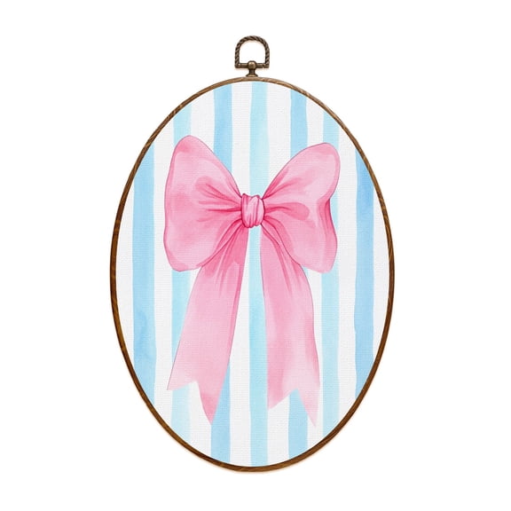 Canvas Wall Art Preppy Pink Boots Blue White Sweet Blue Flowers Aesthetic Bow Ribbon Oval Framed Canvas Prints Vintage Wall Hanging Decor for Home Decorations 8.6"x11.4"