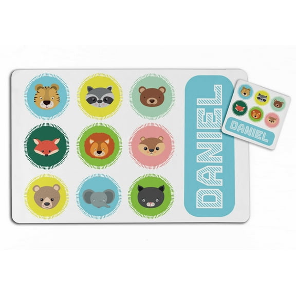 Printtoo Kids Placemat & Coaster Set Personalized Gift Kids,Birthday Christmas Gifts For Boys,Animals Face-11x17 Inch