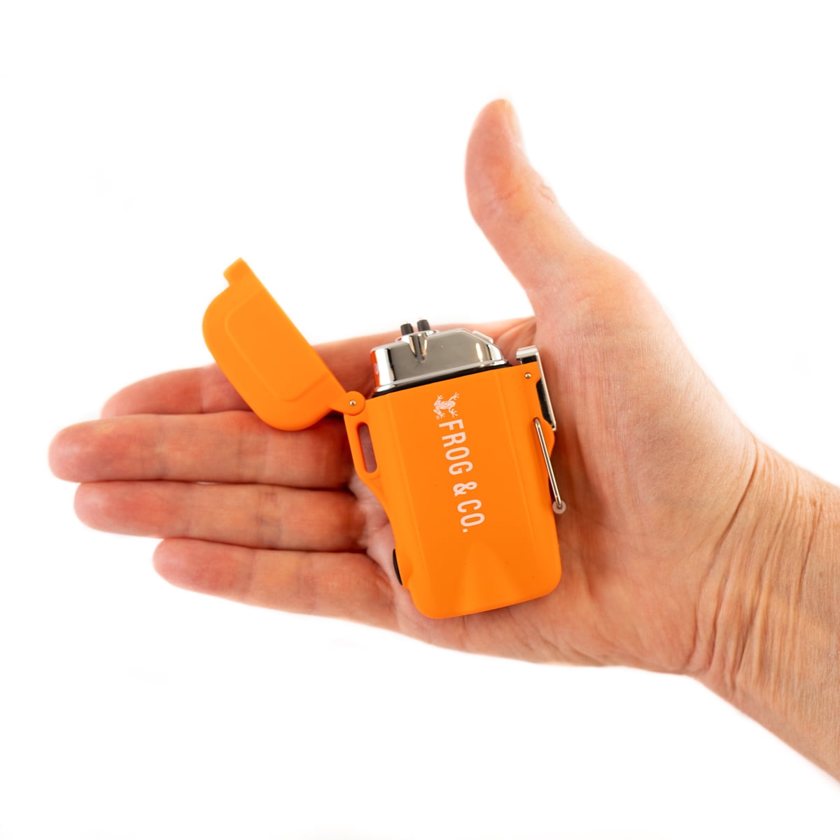 Tough Tesla Lighter 2.0 – Waterproof Windproof Flameless Top-Facing Dual Arc Plasma USB Rechargeable Electric w/Built-in Flashlight, Camping, Hiking, Survival Fire Starter by Frog & Co. (Orange)