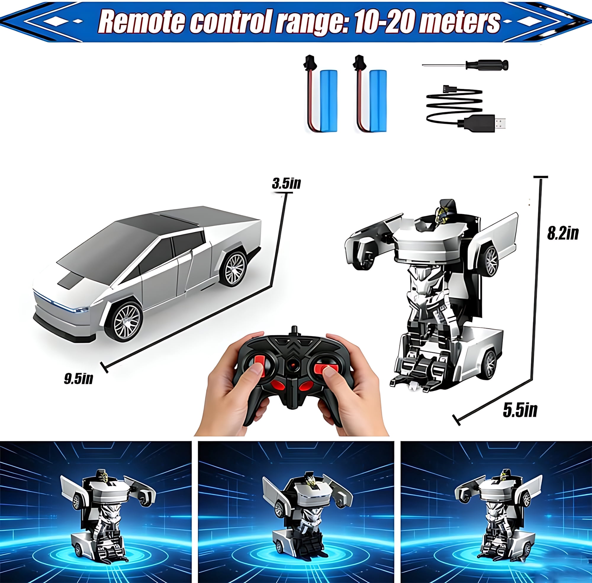 Cybertruck Remote Control Car, 1:18 Scale RC Truck with One-Button Deformation, Transform Robot Toy for Kids Ages 4-12, LED Lights