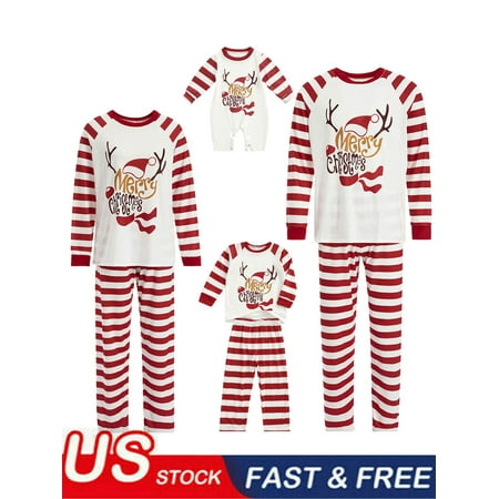 

Parent-Child Xmas Nightclothes Long Sleeve Round Neck Elk Print Tops White Red Striped Trousers
