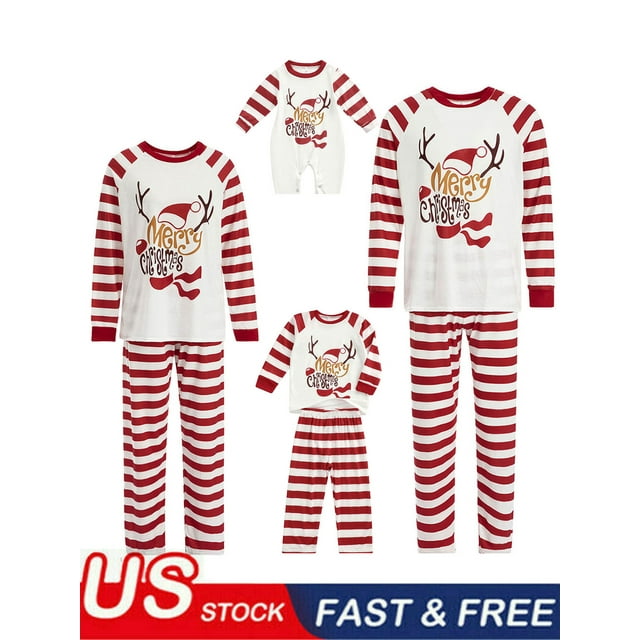 Parent-Enfant Vêtements de Nuit de Noël, Manches Longues Col Rond Imprimé Élan Hauts Pantalons Rayés Blanc Rouge