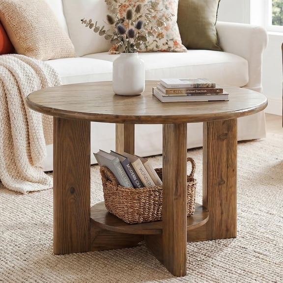 TRIBEWOOD 31.5''  Solid Wood Round Coffee Table With 2-tier Storage