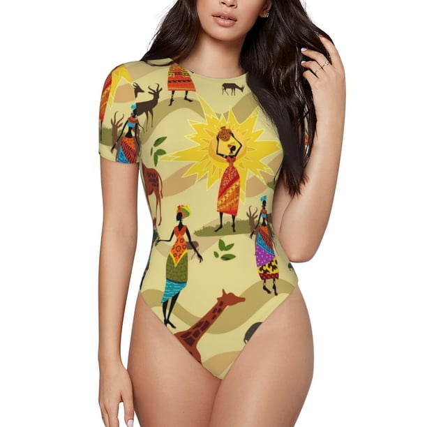Fotbe Ethnic African Body de Mujer con Cuello Redondo y Mangas Cortas, Sin Mangas Ajustado, Suave, Cómodo y Básico-Small