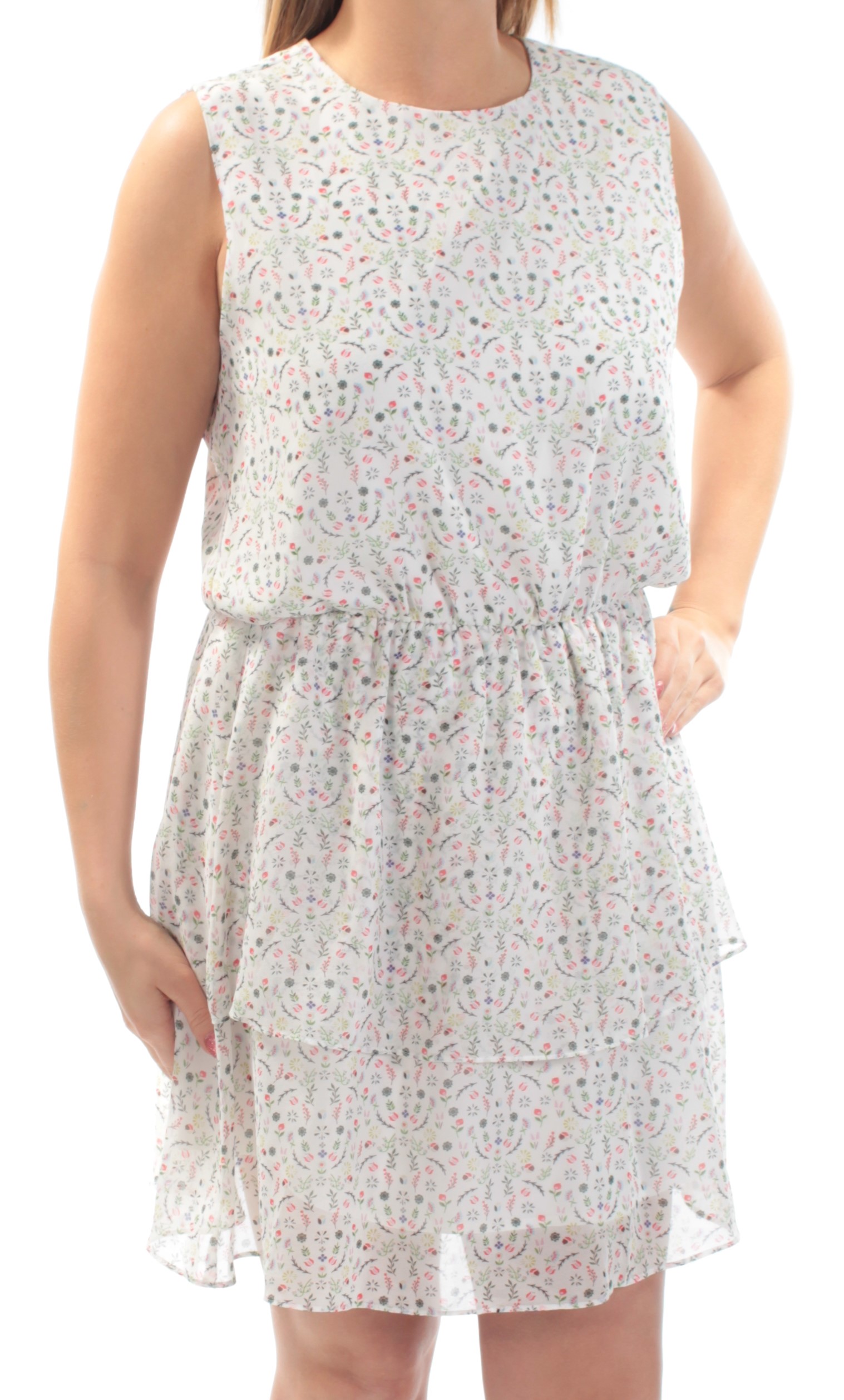 CYNTHIA ROWLEY Womens White Floral Sleeveless Jewel Neck Above The Knee Fit + Flare Dress L - image 3 of 4