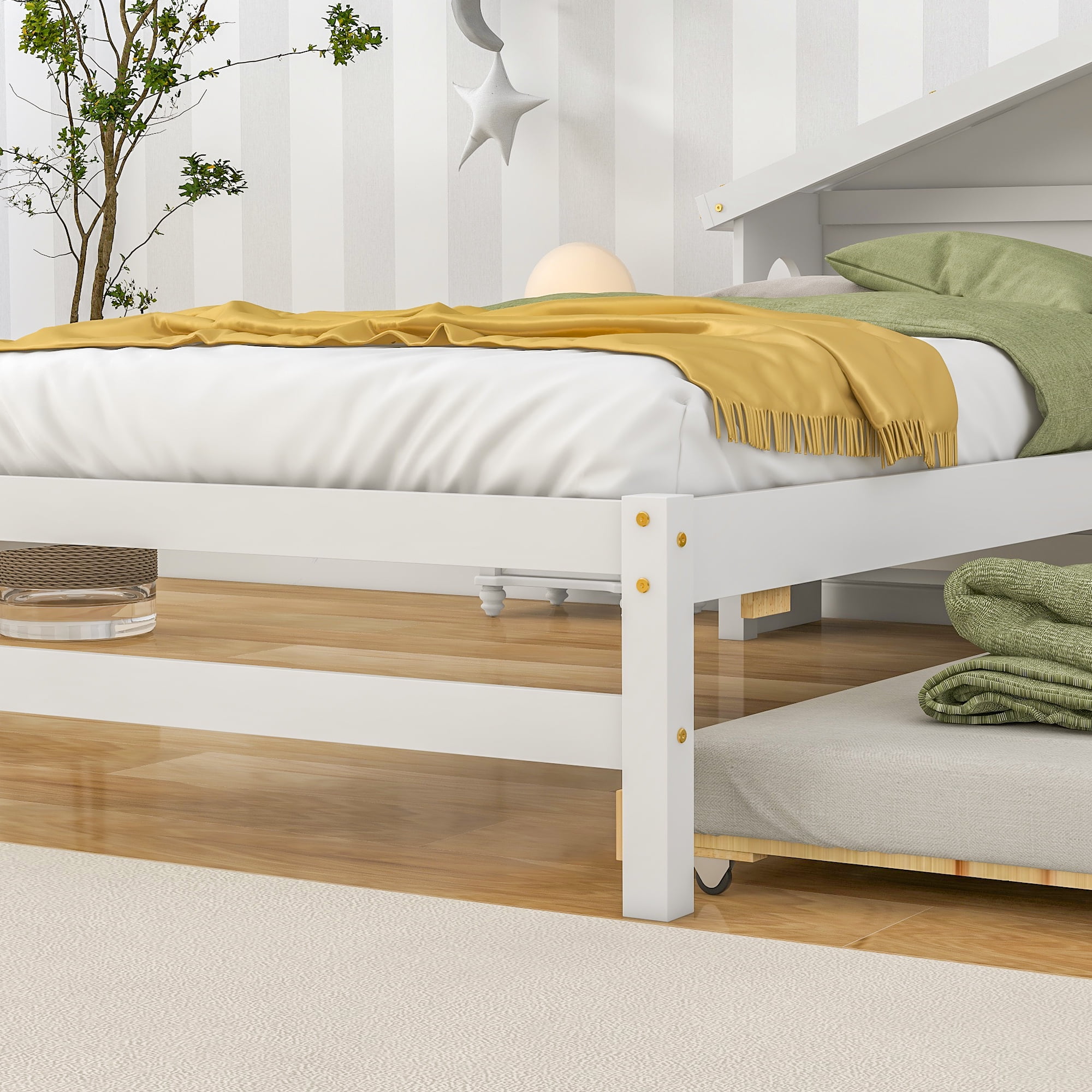 Euroco Wood Twin Size Platform Bed with Trundle and House Shelf for Kids, White