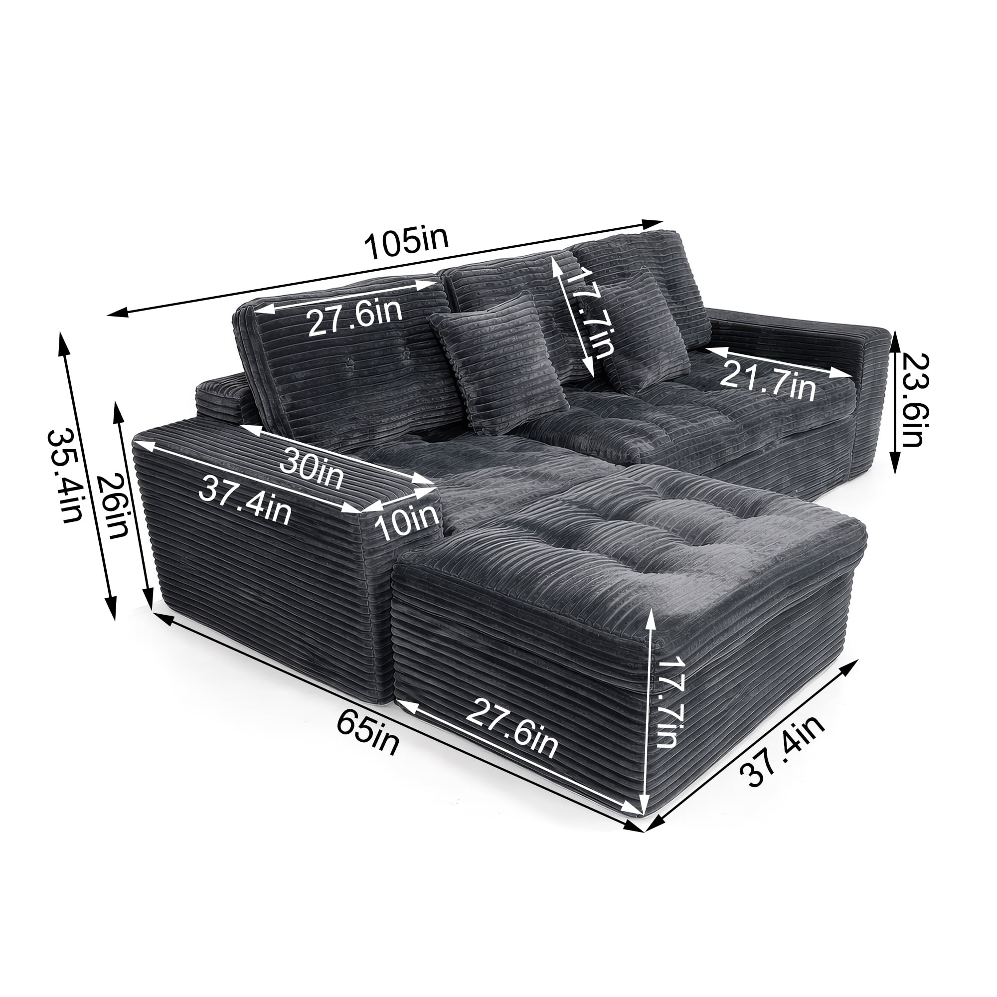 Compressed Pure Foam Boneless Sofa Set with Ottoman, Upholstered Faux Fur Tufted Couch, 3-Seater Floor Sectional Sofa