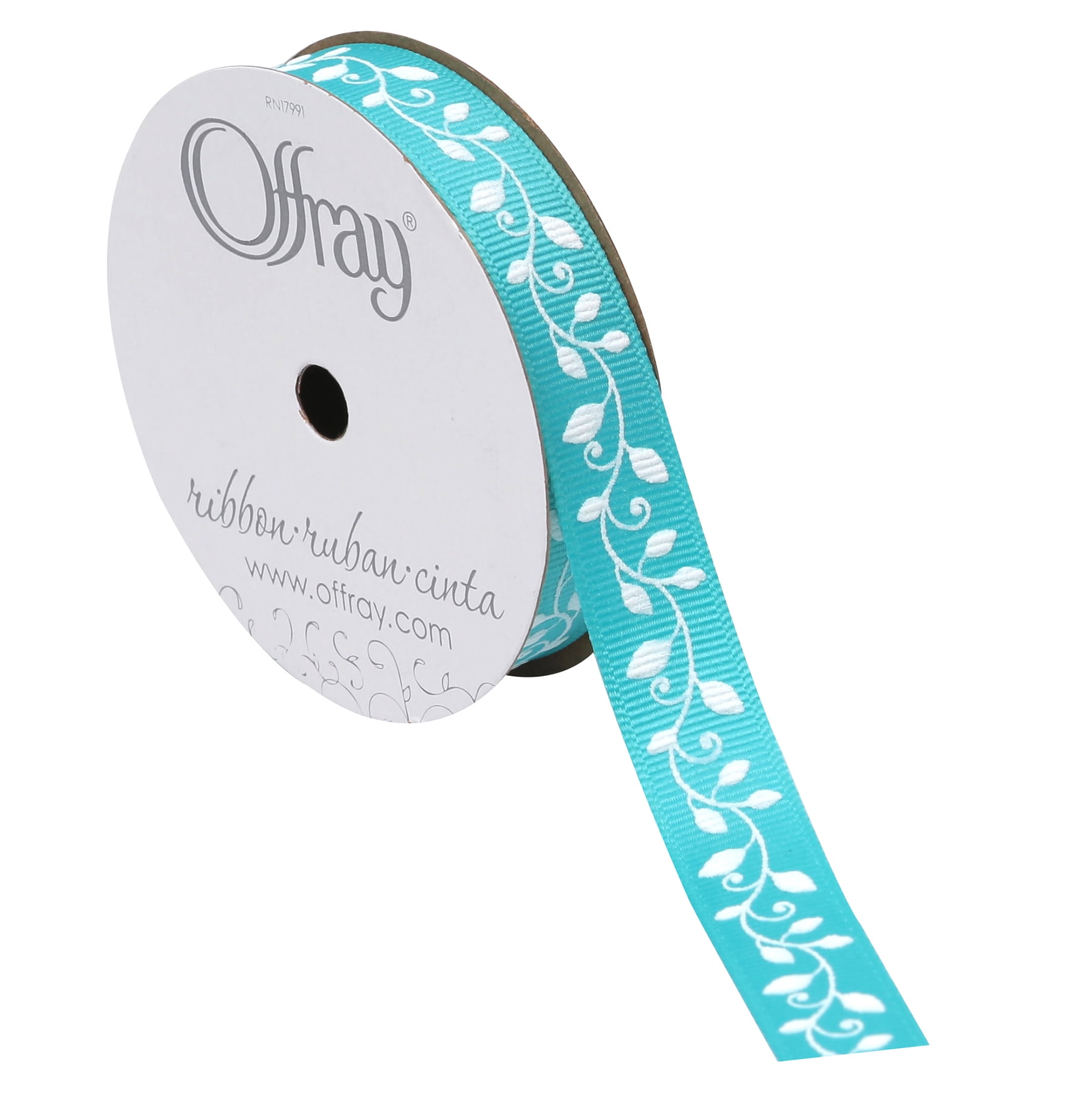 Offray Ribbon, Turquoise 5/8 inch Vine Grosgrain Ribbon, 9 feet