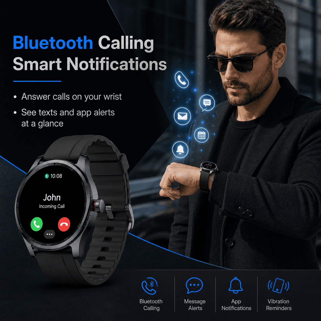 MiracoRun Men’s Smart Watch for iPhone & Android, 1.39" Round Touchscreen, Bluetooth Calling & Text Notifications, Fitness Tracker with 100+ Sports Modes, IP68 Waterproof
