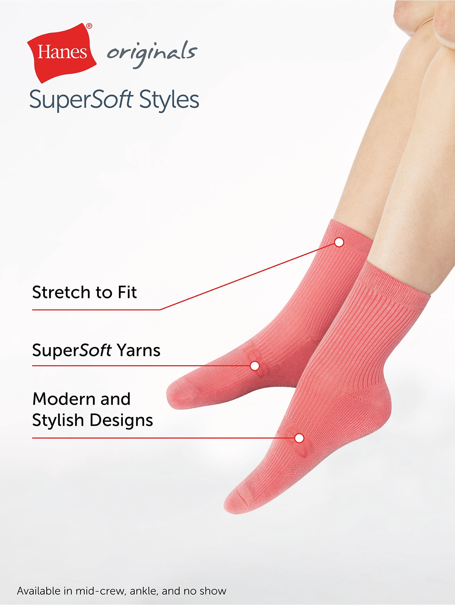 Hanes Women's Mid-Crew Socks, Originals Supersoft, 6-Pack, Size 5-9