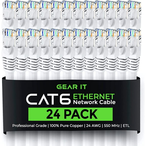 GearIT Pre-Terminated Cat 6 Ethernet Cables for Home & Office Network, White 1-ft 24 Pack