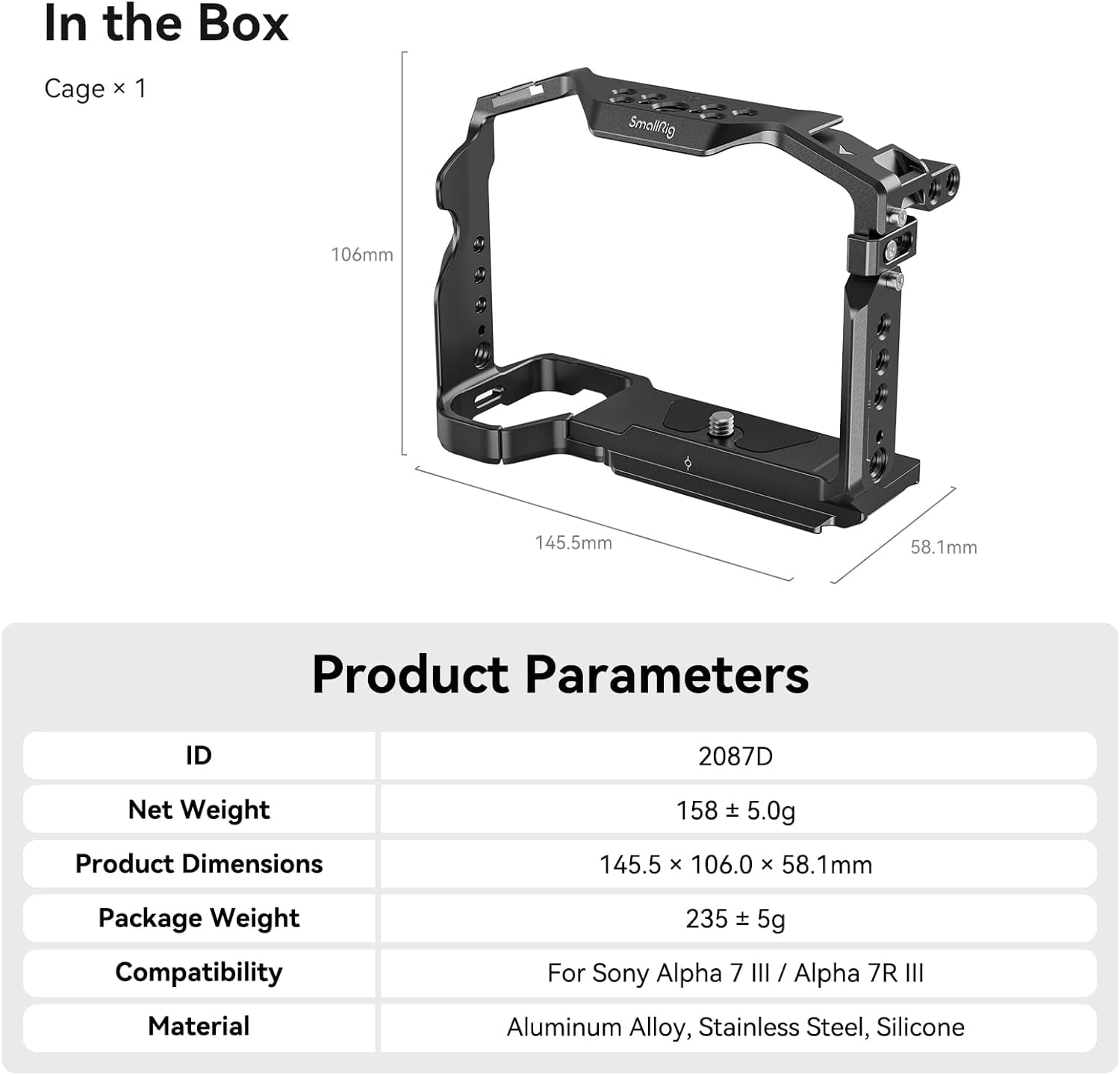 SmallRig A7RIII / A7III / A7M3 Camera Cage for Sony A7RIII / A7III / A7M3 Camera (ILCE-7RM3 / A7R Mark III), w/Shoe Mount, Built-in NATO Rail, Accessible for Sony XLR-K2M/K1M, Black  2087