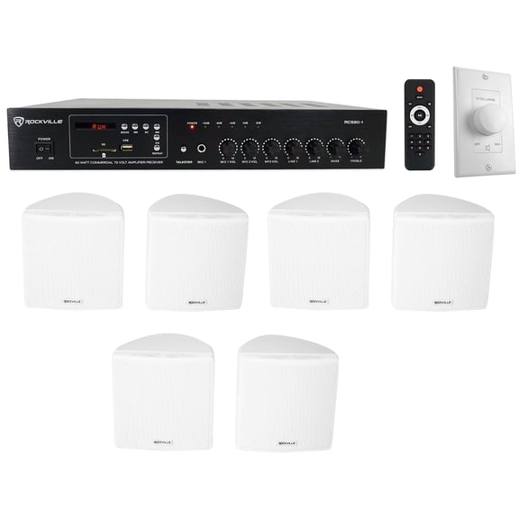 Rockville Commercial Restaurant Amp (6) White 3.5" Cube Speakers Wall Controller
