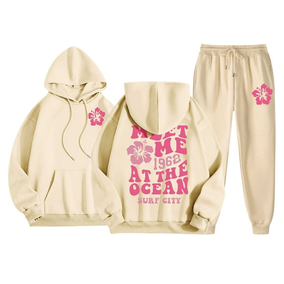 Fgnfyis Womens Two Piece Outfits Sets Hoodie Sweatshirt and Long Sweatpants Jogger Workout Set Fall Tracksuit Sweatsuits Women's Trousers Suit Beige S