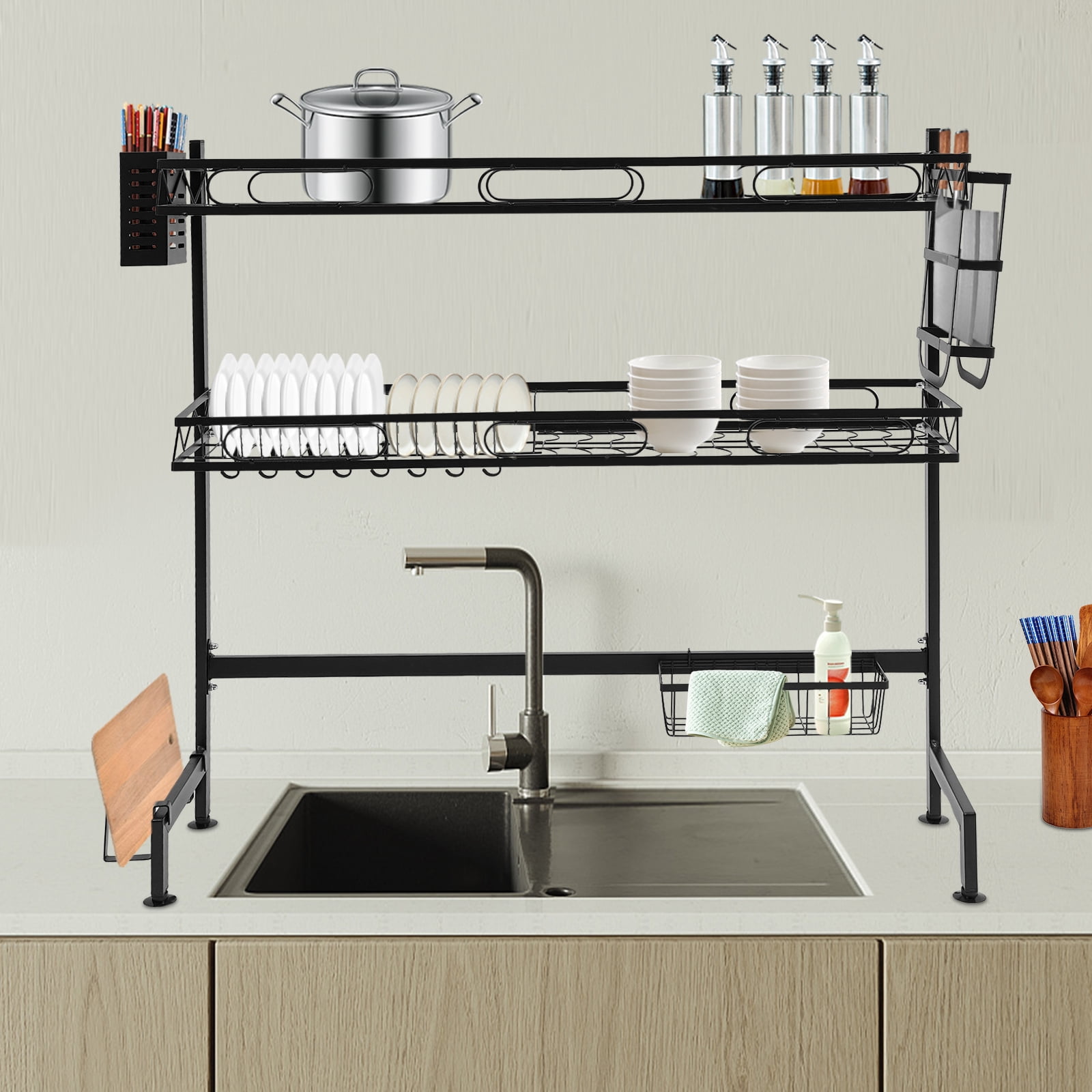 2-Tier Over Sink Dish Drying Rack – Heavy Duty Carbon Steel Kitchen Organizer with Adjustable Anti-Slip Feet, High Guardrail & Multi-Basket Storage, Black