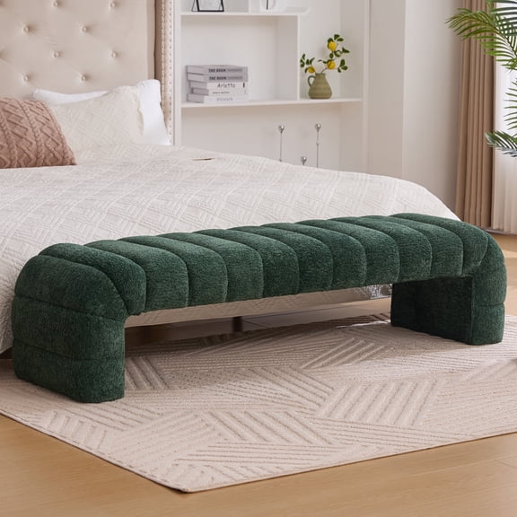 HIUU 70"Green Bench for Bedroom,Bed Benches for Foot of Bed with Streamline Design,Fabric Ottoman Bench with Soft Teddy Fabric,Modern Bedroom Benches for Living Room and Bedroom, Entryway