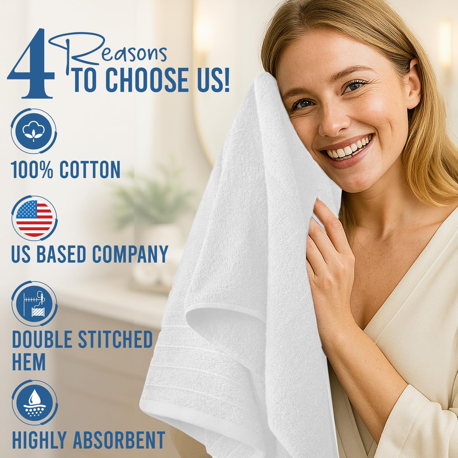 Dan River Bath Towel 30x60 pack of 4 Ultra Soft Quick Drying Large Cotton Towel - White