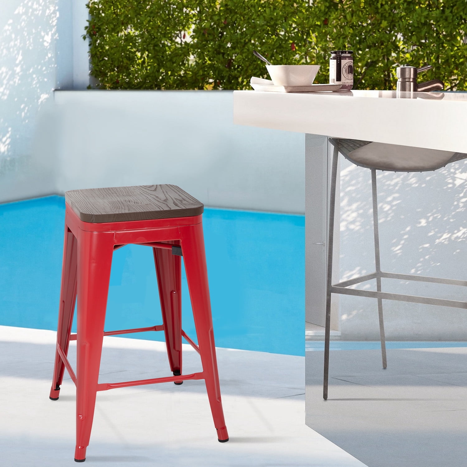 YRLLENSDAN Modern Bar Stool Set of 4 Counter Height Barstool with Back 24 Inches Seat Height Industrial Bar Chairs Indoor Outdoor Metal Kitchen Stools Restaurant Patio Stool Stackable, Red