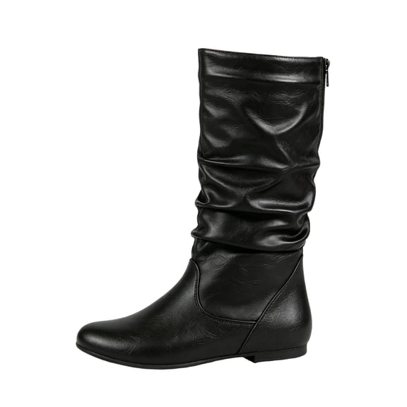 EKVAHL Women's Slouch Mid‑Calf Boots, Relaxed Fit Faux Leather Flat Boots, Low Heel Daily Walking Boots For Fall Street Wear Black