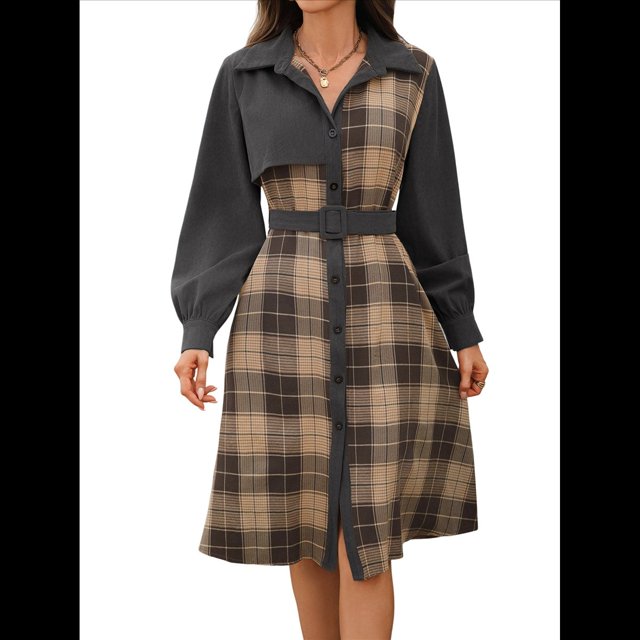 Túnica de Larga con Estampado A Cuadros para Mujer, Estilo Retro, Informal Gris Oscuro S