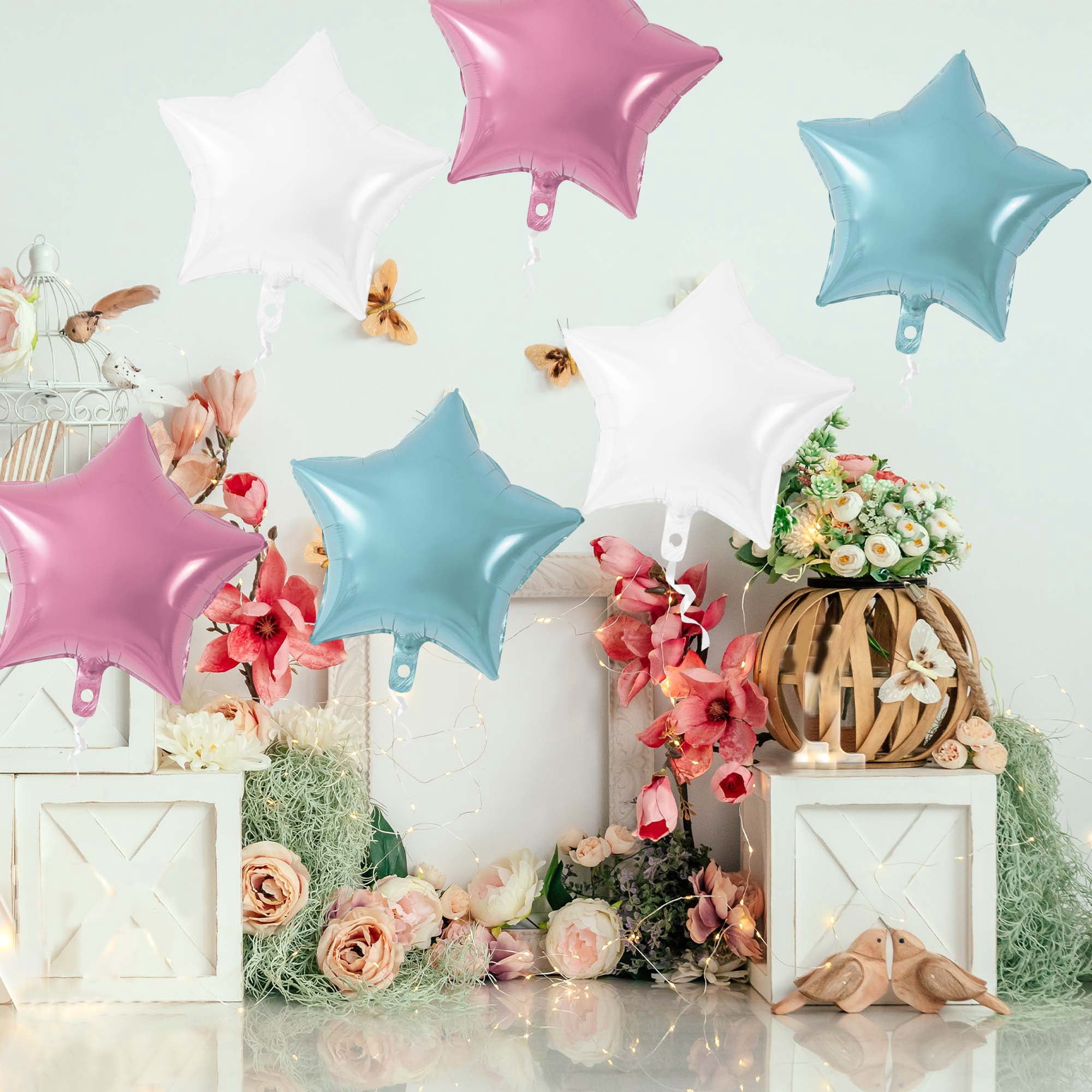 Unique Bargains 10Pcs Helium Balloons with Ribbon Star Pattern Pink Light Blue White