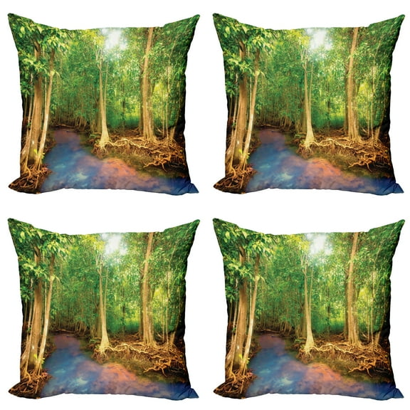 Ambesonne East Throw Pillow Cover 4 Pack, Roots of Mangrove Trees, 20", Green Brown