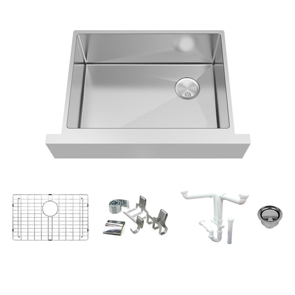 Transolid KKM-DUSSF302010 Diamond 29.9-in L x 20.3-in W Super Single Bowl Farmhouse Apron Front Kitchen Sink and Accessories Kit in Stainless Steel