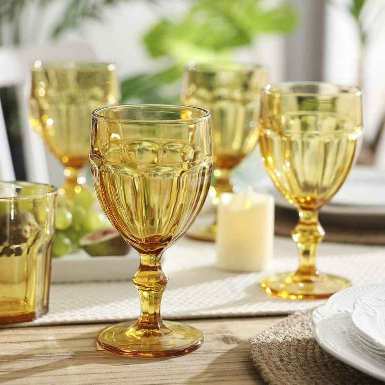 Colored Water Glasses With Stem, Footed Iced Beverage Goblets, Set Of 6  (Amber Color) 