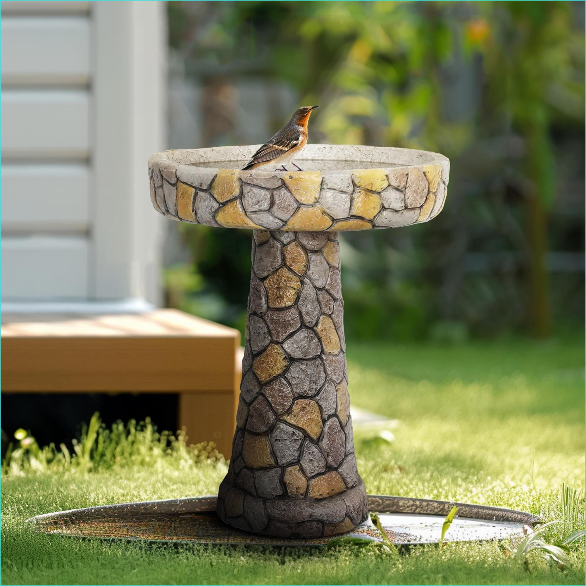 Bird Baths | 24" Tall Traditional Outdoor Garden Pedestal Bird Bath, Antique Stone Finish | Mosaic Stone | Concrete Cement