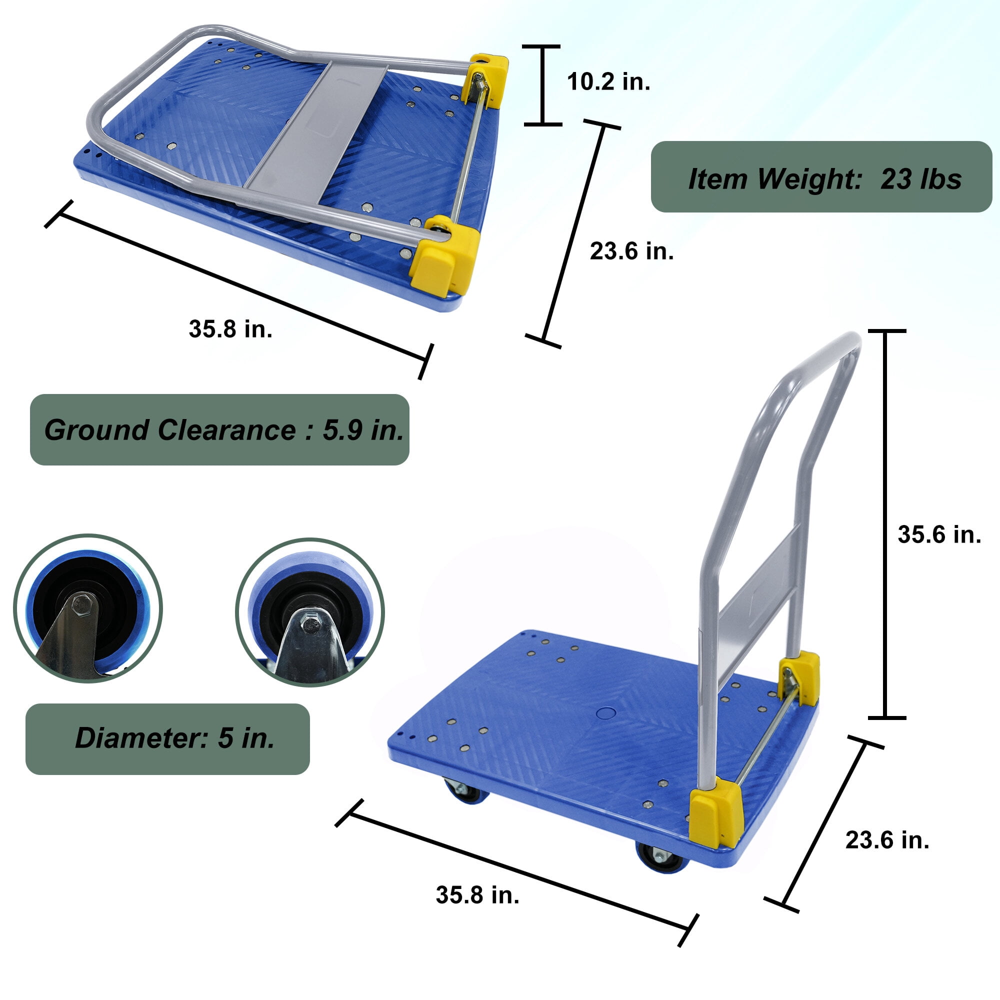 Dolly, Foldable Platform Push Hand Truck Cart, 880 lbs. Weight Capacity, 2 Swivel Brake Wheels, Blue Hand Truck,Metal Furniture Dolly, Auto Parts & Transport Hand Trucks & Dollies