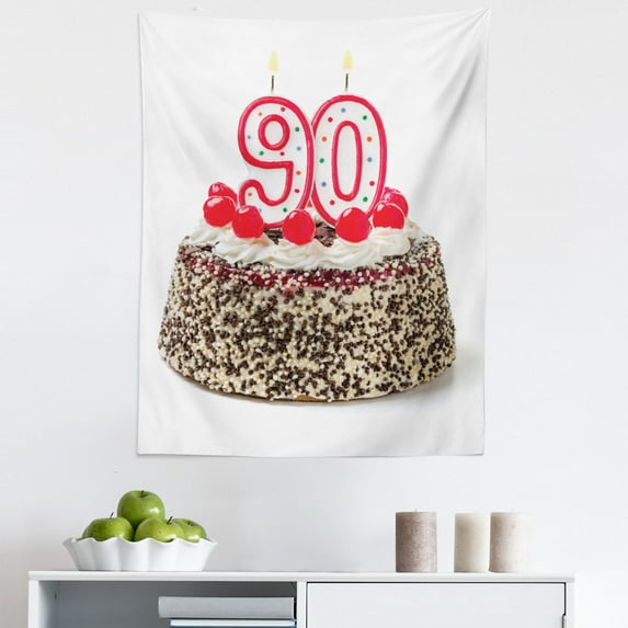 Party Tapestry, Birthday Cake with Tasty Cherries Burning Candles and Number 90, Fabric Wall Hanging Decor for Bedroom Living Room Dorm, 5 Sizes, Red Brown White, by Ambesonne