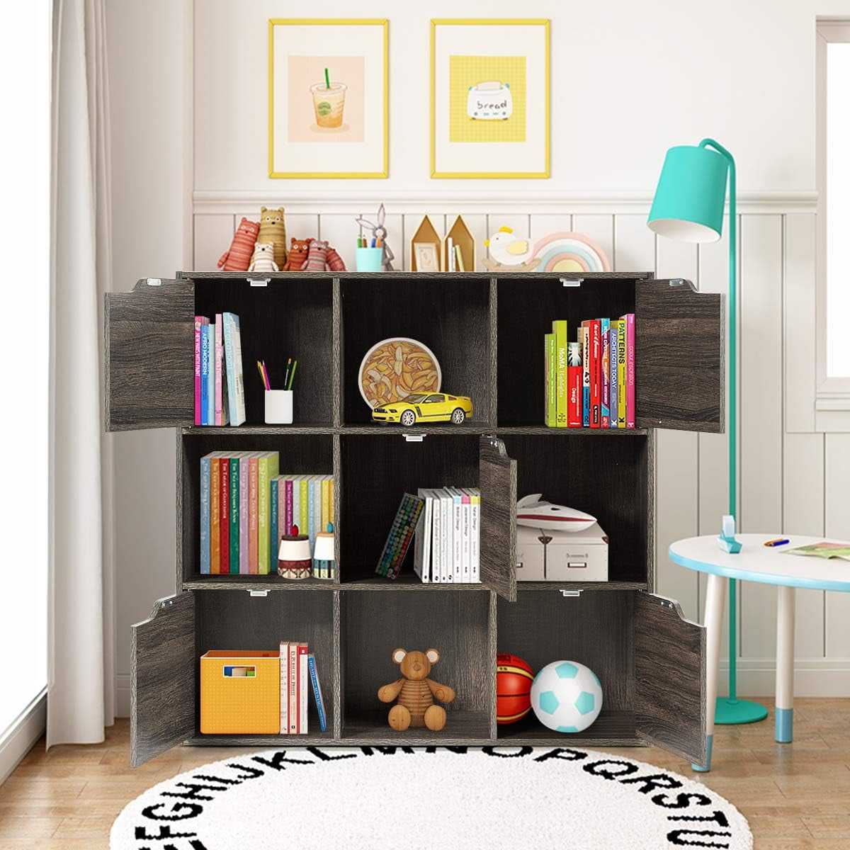 Favory 9-Cube Storage Organizer, Storage Cabinet with 4 Open Cubes and 5 Cabinets, Freestanding Wooden Cubby Bookcase, Compartment Units for Home Office, 3-Tier Bookshelf for Books,Grey