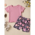 thumbnail image 2 of Toddler Baby Girl Summer Outfit 6M 12M 18M 24M 3Y 4Y  Waffle Solid T-Shirt Top Floral Short Set Cute Summer Clothes, 2 of 9