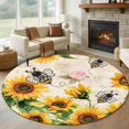 thumbnail image 2 of Sunflower Bee Large Area Rugs for Bedroom Living Room, Soft Non Slip Carpet Bedside Rug, Yellow Botanical Vintage Rose Floral Spring Round Floor Cover Kitchen Accent Rug 6' for Dining Room/Office, 2 of 9