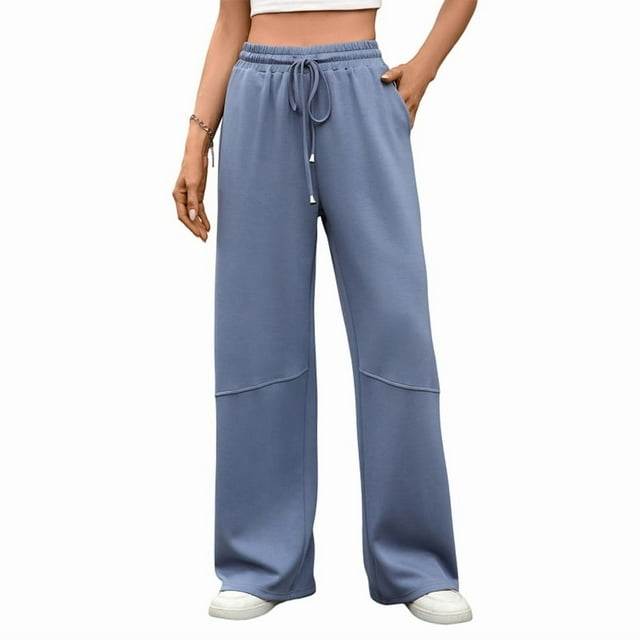 Pantalones Deportivos Anchos de Cintura Alta para Mujer, Holgados y con Cordón, A para Adolescentes Azul L