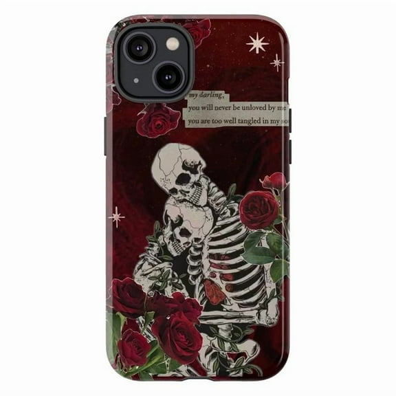 Romantic Skeleton & Roses Halloween Phone Case for iPhone 16 15 14 13 12 11 Pro Plus Mini – Gothic Love Aesthetic Phone Cover Gift