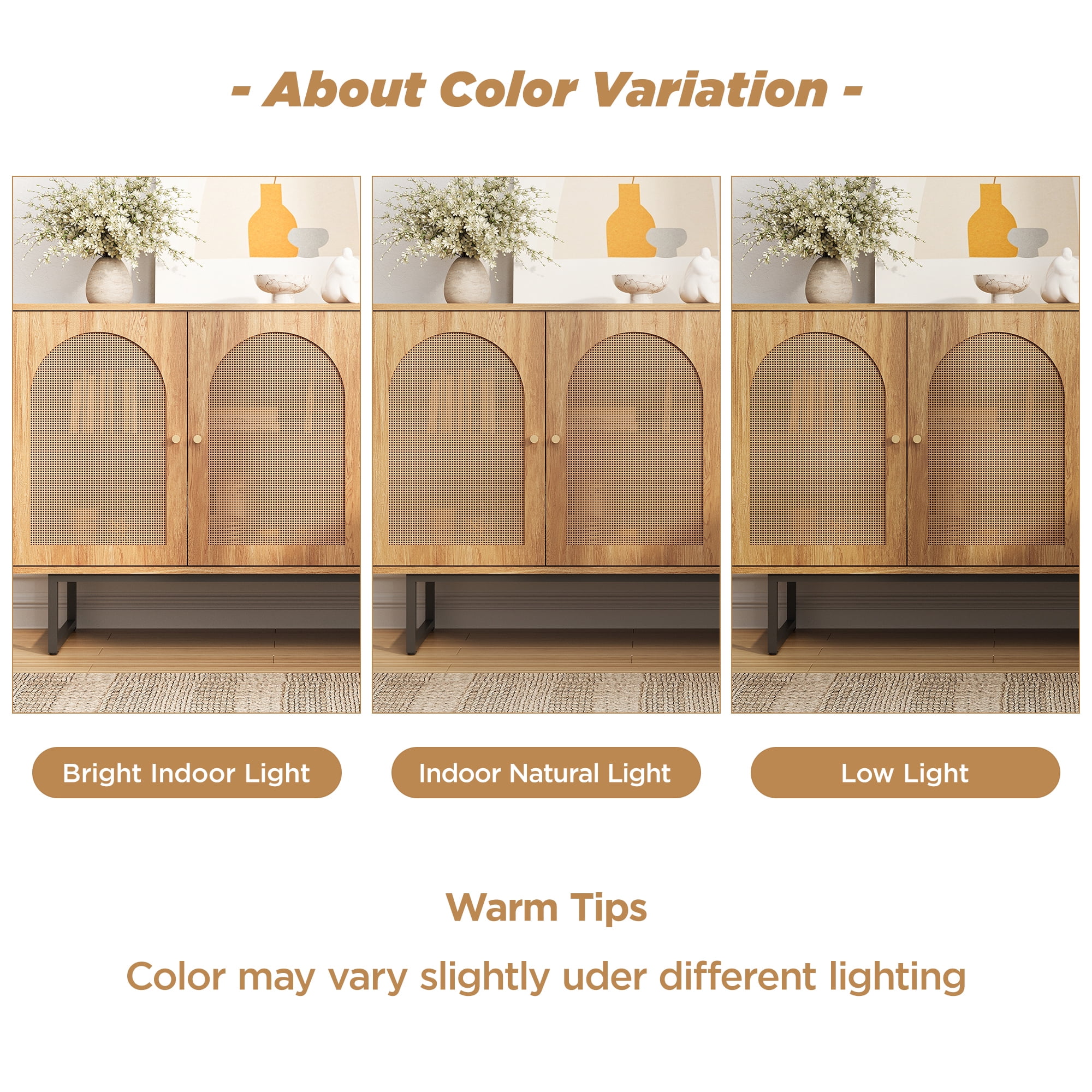 Sideboard Buffet Cabinet with 3 Rattan Doors, 47.2” Kitchen Storage Cabinet with Adjustable Shelf and Metal Legs for Dining Living Room, Hallway, Entryway, Beige