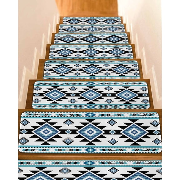 Blue Black Pattern Non-Slip Stair Treads for Wooden Steps, 4 Pack 8x30 Inches Carpet Stair Mats with Adhesive Backing, Noise-Reducing Step Covers for Indoor Stairs, Easy to Install & Residue-Free