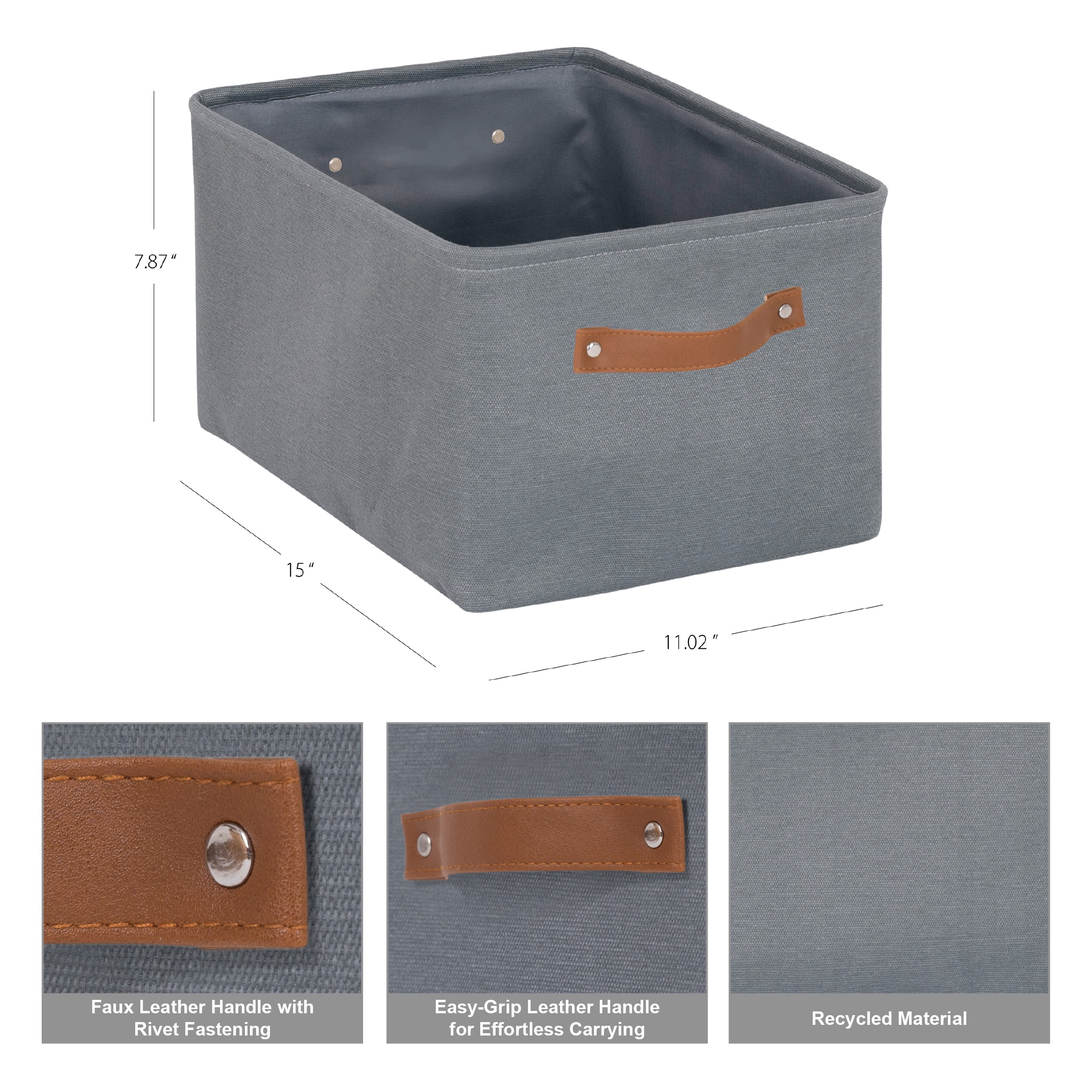 (4 pack) Mainstays Gray Canvas Fabric Decorative Storage Basket with Handles, 15 in x 8 in x 11 in