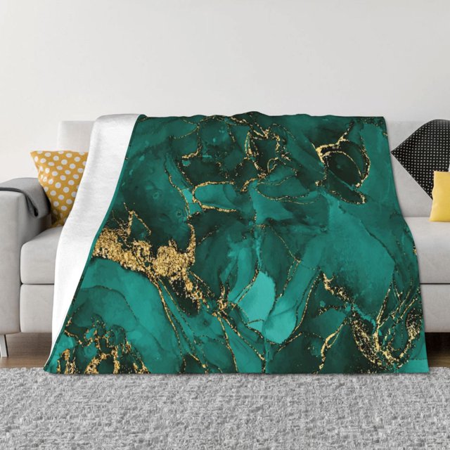 Balery Green Gold Glitter Manta de Franela con Dibujo, Lujo Ultra Suave y Cálido, Antipelusa y Resistente a las Arrugas para Cama, Sofá, Camping -80"x60"