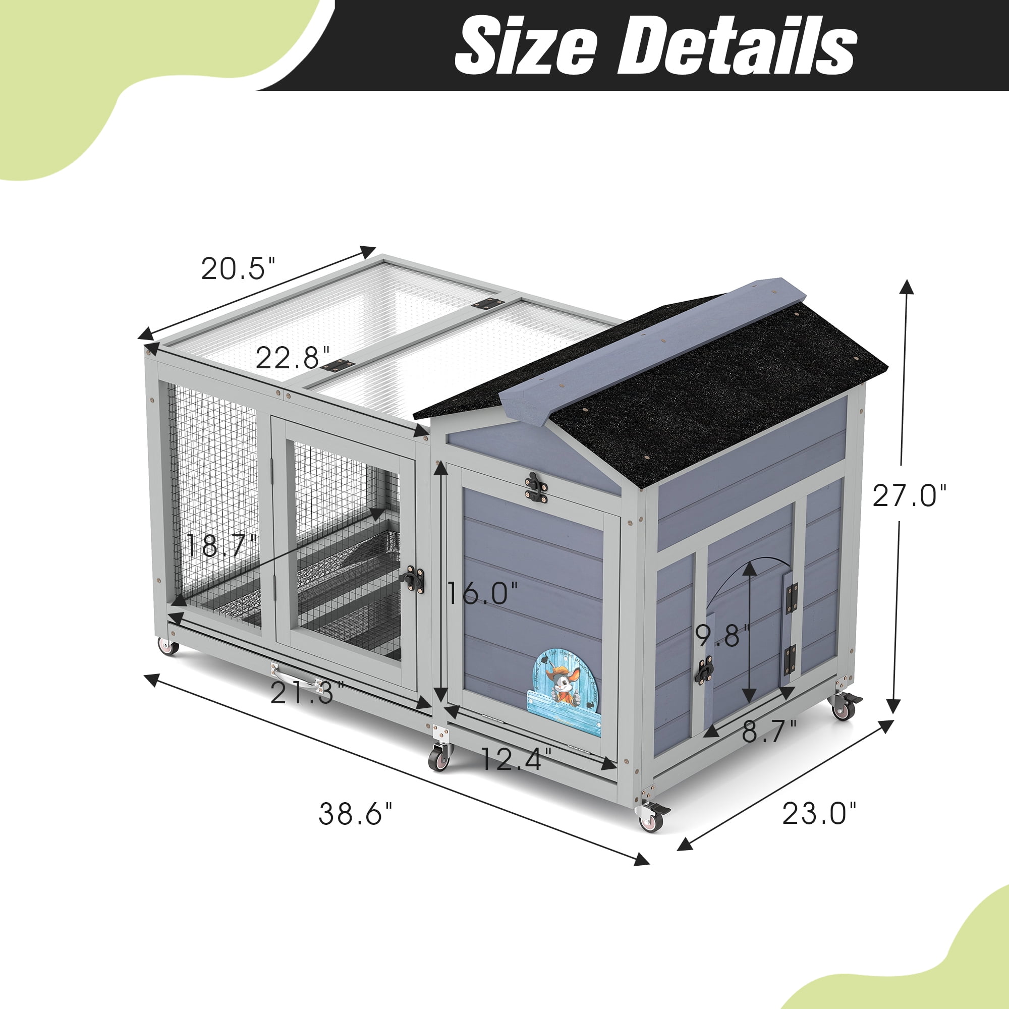 Pefilos 38.6" Outdoor Wooden Rabbit Hutch with Wheels, Guinea Pig Hutch with Run, Doors, Sunlight Roof, No Leaking Tray, Indoor Pet Cages for Small Animals, Gray