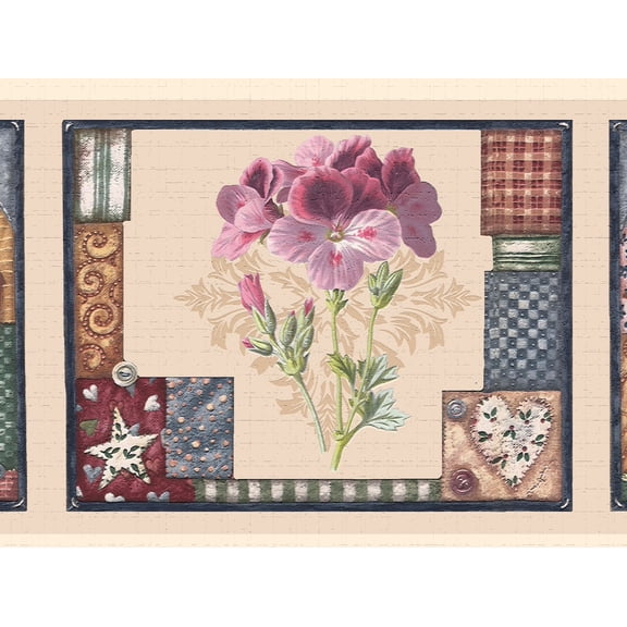 Dundee Deco's Peel and Stick Wallpaper Border - Floral Orange Purple Flowers in Square Wall Border Retro Design, 15 ft x 7 in, Self Adhesive