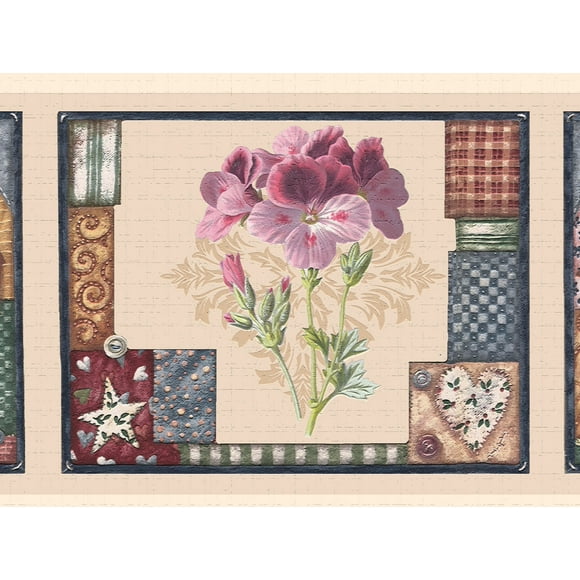 Dundee Deco's Peel and Stick Wallpaper Border - Floral Orange Purple Flowers in Square Wall Border Retro Design, 15 ft x 7 in (4.57m x 17.78cm), Self Adhesive