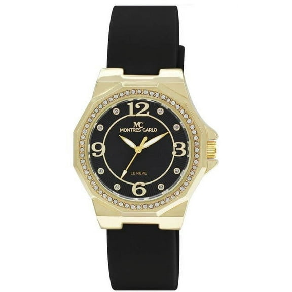 38mm Montres Carlo Luxury Sports Quartz Fashion Dress Silicone Band Women Watch (Gold/Black/Black)