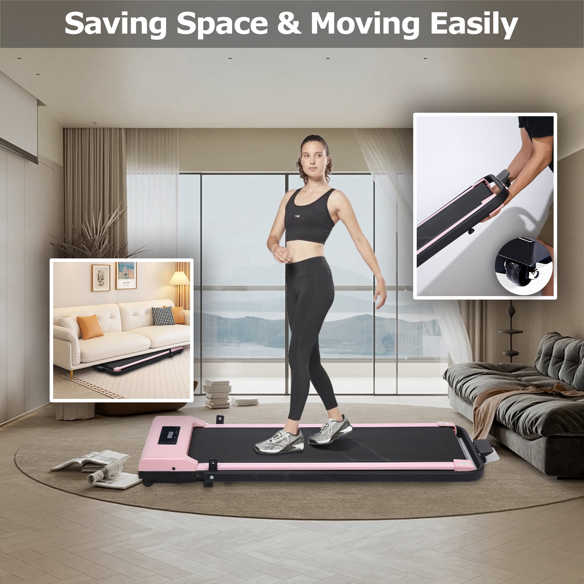 HYEASTR Portable Folding Treadmill 3.0HP Walking Pad Treadmill 220LB Capacity Under Desk Treadmill with Remote Control 2 in 1 Exercise Jogging Running Machine for Home/Office - Pink