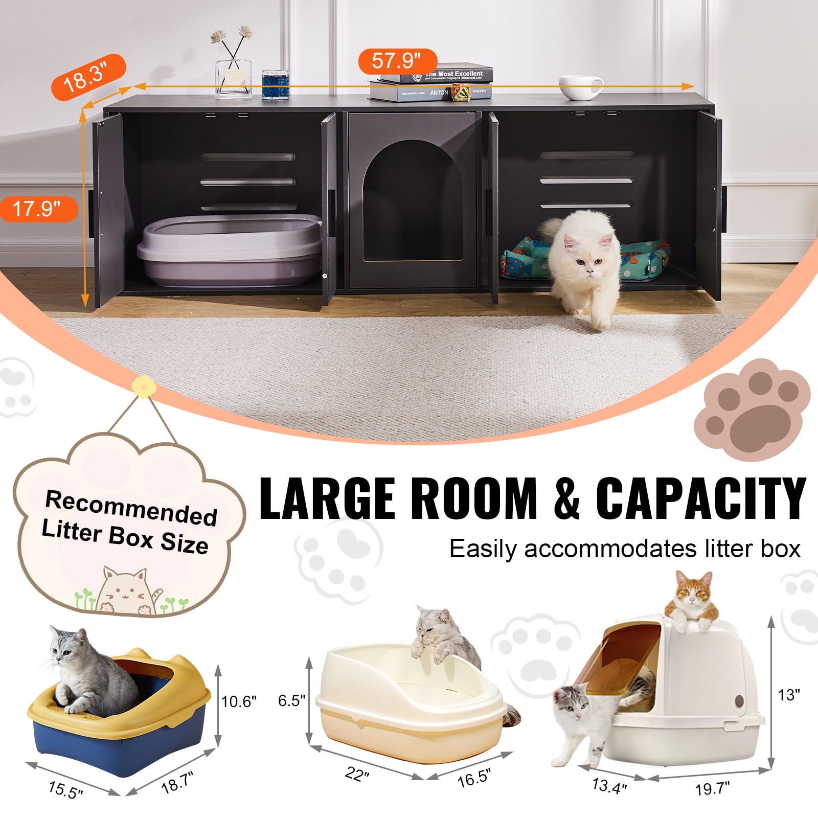 VEVOR Cat Litter Box Enclosure for 2 Cats, Litter Box Furniture Hidden with Double Rooms, Wooden Cat Box Cabinet Fit Most of Litter Box, 57.9"L x 18.3"W  x 17.9"H, Black